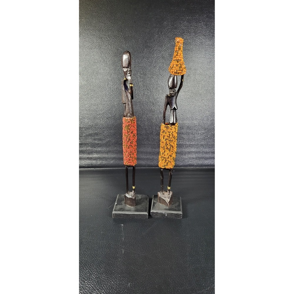 2 African Tribal Dolls w/ Stand Beads Dress Statue Figure Ashanti Dan Baule Art